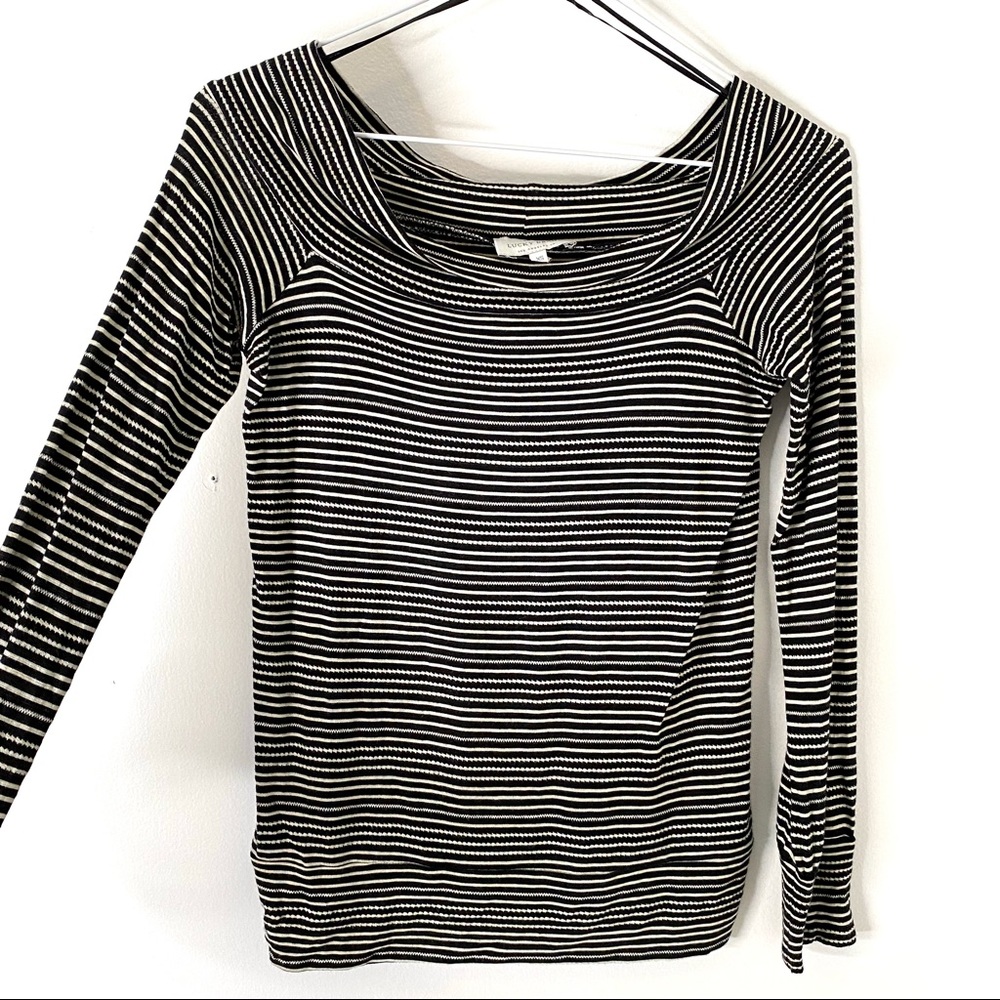 Lucky Brand Black White Stripe Cowl Neck Knit Top Long Sleeve Textured Stretch